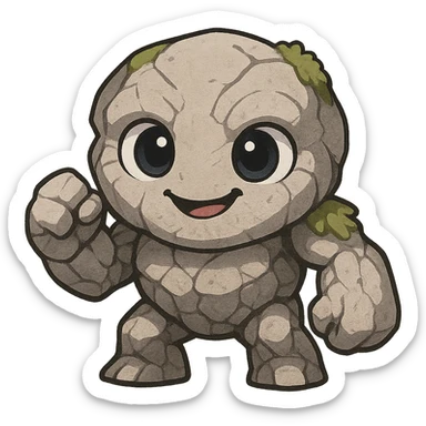 Tiny from Dota 2 in a cute chibi-style cartoon redesign, round proportions, big eyes, playful expression sticker