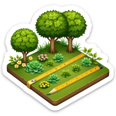 Icon for Landscape Design: a garden layout with plants, trees, paths, and design tools like a ruler, pencil and measuring tape. The icon should represent creativity in outdoor space planning and gardening. Transparent background. sticker