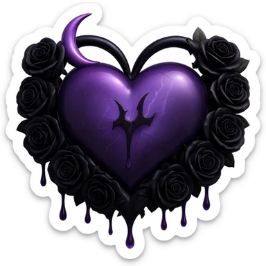 Make the black roses much more prominent and detailed, keeping the gothic heart, purple glass, crescent moon with dripping effect, faint lightning, misty rain, cracked glass with misty glow, in the style of 3D emoji style, with no background. sticker