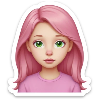 Pale girl, pink nose, cheeks, nose, chin, long light brown hair, Pink full lips, doe eyes, light green eyes wearing cute pink shirt sticker