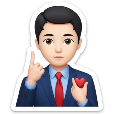 A man in very black short hair with all back hair style, wearing dark blue suit and red tie, making a Korean finger heart like photo sticker