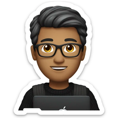 memoji of a Vietnam man with a laptop in front, apple-style, modern, back hair, black sweater, computer in hand, sites on a desk sticker
