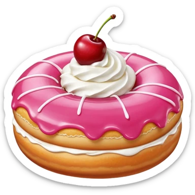 Round donut with smooth shade pink icing and thin white drizzle lines, golden-brown dough visible on the sides.
White whipped cream dollop in the center topped with a glossy red cherry and stem, clean studio lighting, pure white background, realistic minimal emoji-style. sticker