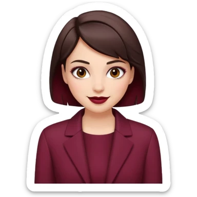 brunette girl, short hair, burgundy clothes, trendy heavy makeup, smiling sticker