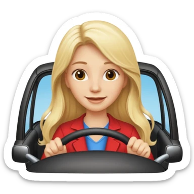 blonde long hair woman driving car. Happy face confidence sticker
