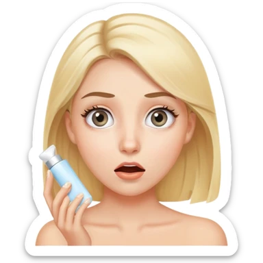 blonde girl with grey eyes doing skincare with surprised face sticker