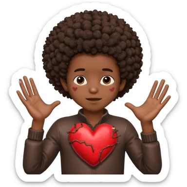I want a black boy with chocolate skin and a small messy afro holding a heart close to his chest with his hands over the heart as if to present it to someone he loves. sticker