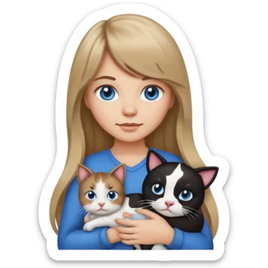 Apple-style emoji sticker of a young woman with long dark blond hair and bang, blue eyes , holding a cat black and white like a cow patch on her chest.  sticker