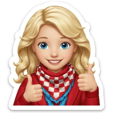 Blonde Girl, Blue Eyes, wavy hair, smiling, thumbs up, wearing red Checkered Triangle scarf sticker