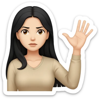 Hispanic woman with long hair, beige top, determined, one hand out motioning to stop sticker