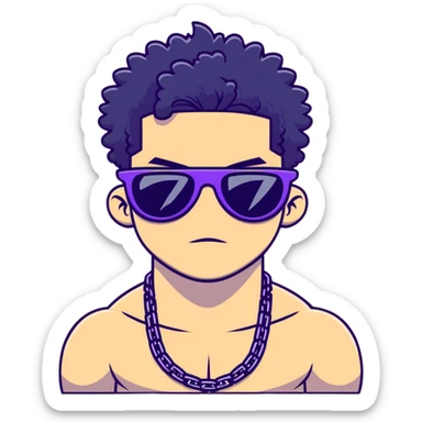 shirtless male athlete with white skin and moderately curly black hair on top with shaved sides, wearing purple sunglasses with very dark heavily tinted black lenses that completely hide the eyes, and a plain black chain necklace sticker