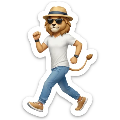 friendly anthropomorphised lion in jeans and a t-shirt, wearing dark sunglasses and a hat, jogging upright in relaxed pose sticker