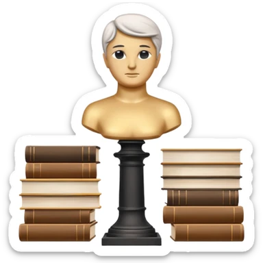 Minimalistic flat vector icon, iOS style, thin black contour on white background. Bust statue on a small pedestal next to a stack of books, symbolizing classic literature. Clean, no text, no shadows sticker