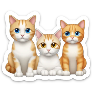 three cats sitting together, one lynx siamese cat with blue eyes, one orange and white tabby cat with yellow eyes, one orange cat with orange eyes sticker