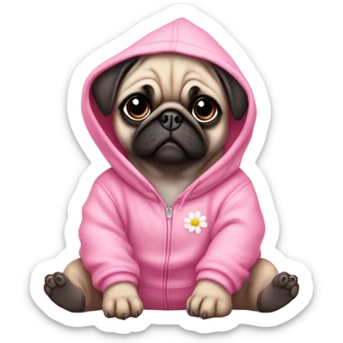 Cute Baby Pug with pink eyes wearing a pink hoodie sitting in daisy's  sticker