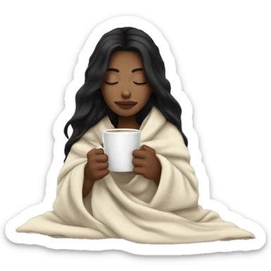 white girl with black hair inside a blanket sipping coffee eyes closed sticker