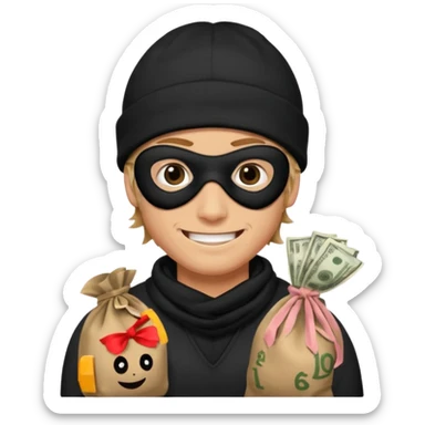 smiley robber wears black eye mask and black beanies with money bag beside him sticker