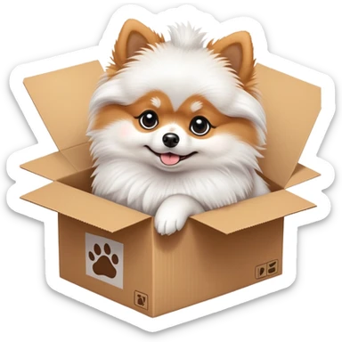  A very cute young pomeranian  with one's head tilted to one side poked its paws out of the cardboard big box and placed them on top of it sticker
