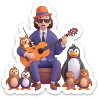 creative, sleepy musician with stylish clothes and dachshund, penguin, and sloth friends sticker