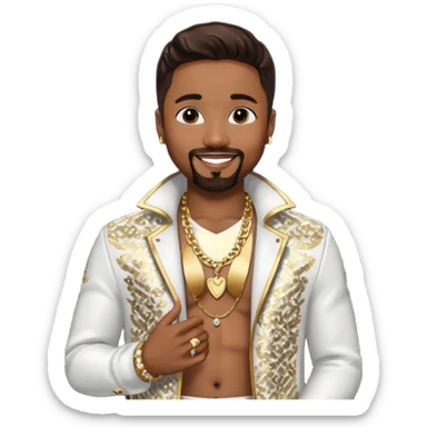 Teddy Riley with dark brown hair, white sequin jacket, shirtless with necklace  sticker