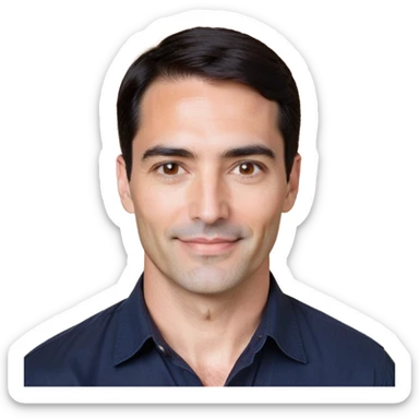 Man in his 40s with wide square face, marked jawline, full cheeks, friendly expression, medium dark brown eyes, thick natural eyebrows, straight wide nose, medium lips curved slightly upward in a relaxed smile, short neat dark brown almost black hair, wearing a navy blue button-up shirt sticker