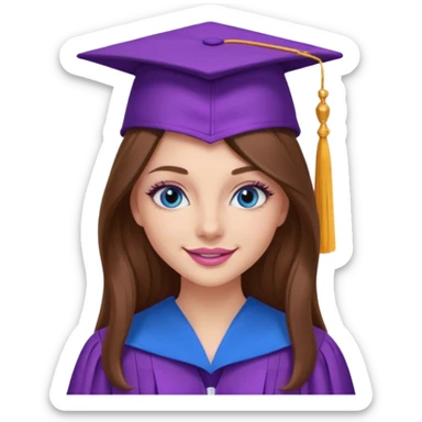 girl with gorgeous long brown hair, blue eyes, long lashes makeup, sexy pink lips, wearing a purple graduation cap and gown sticker