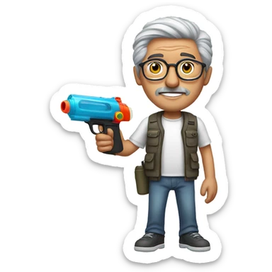Turkish man with grey hair and glasses and white t-shirt pointing a water gun with one arm while standing sticker
