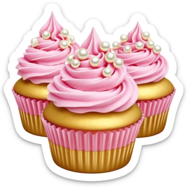 Cinematic Realistic Pink Cupcakes, fluffy pastel pink frosting swirled elegantly on top of golden cupcakes, tiny edible pearls adding a delicate touch, soft warm lighting creating a dreamy atmosphere, glowing with sweetness and charm. sticker