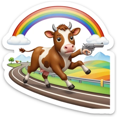 a cow running across a highway on a rainbow shooting a gun sticker