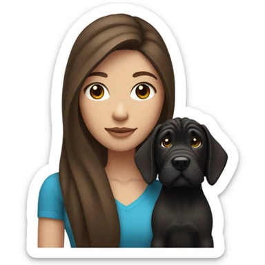 a female with long brown hair, and blue eyes holding a skinny black shar pei sticker
