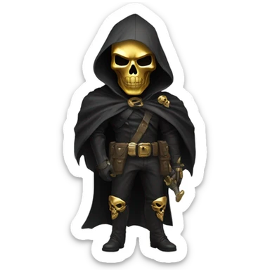 Bounty Hunter Boss with black cape and a gold skull mask from death Stranding, full body view sticker