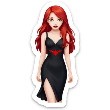 a pretty woman with long red hair and red eyes. The woman wear a black little cutted dress. She have red lipstick and she have a seductive look. She was barefoot sticker
