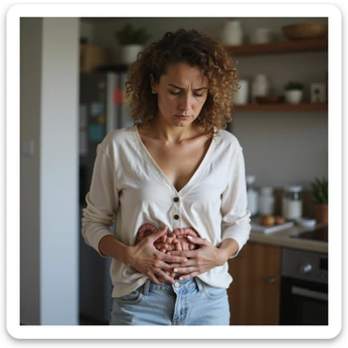 realistic image of a woman with intestinal dysbiosis, suffering expression, clinical details, visible abdominal bloating, everyday atmosphere, domestic environment sticker