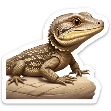 Meme-Worthy cute Sleeping brown camo spotted monitor Lizard Portrait Emoji, Head resting peacefully with a contented smile, showcasing intricately patterned scales and eyes gently closed in serene slumber, Simplified yet comically adorable features, highly detailed, glowing with a soft, drowsy earthy light, high shine, relaxed and utterly lovable, stylized with an air of playful laziness, bright and heartwarming, soft glowing outline, capturing the essence of a sleeping reptilian guardian that feels destined to become the next viral icon of adorable rest! sticker