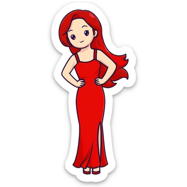 Fair-skin elegant girl in red long dress with long red hair sticker