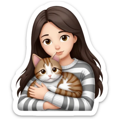 a girl with long dark brown hair, in a
white sweater and brown eyes, hugs a tabby
grey and white strips one cat.  sticker