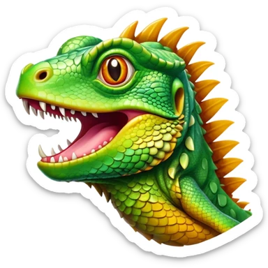 Cinematic Realistic Comical Iguana Portrait Emoji, Head tilted dramatically with an exaggeratedly amused expression, featuring a striking, glossy green-scaled body with bold natural textures and wide, expressive amber eyes brimming with playful disbelief, rendered with lifelike clarity and vibrant hues, high shine, dramatic yet playful, styled with an air of cheeky tropical mischief, soft glowing outline, capturing the essence of a spirited and over‐the‐top iguana that looks ready to charm its way into viral fame! sticker