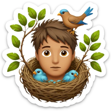 Man who has a birds nest on top of his head for hair sticker