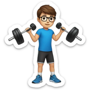A 12-year-old boy with short brown hair and glasses does exercises with dumbbells sticker