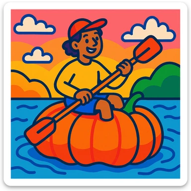 a person kayaking on a giant pumpkin, playful and whimsical, vibrant toon style, colorful and fun sticker
