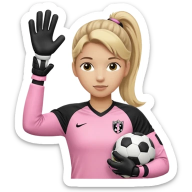 Make a dirty blonde football goalkeeper with goalkeeper gloves on. The girl is light skinned and wearing a light pink football kit. Wearing one ponytail on back of head. Make it without the whole body. With full sleeves. No RUGBY BALL JUST BLACK AND WHITE BALL. Holding ball under armpit sticker