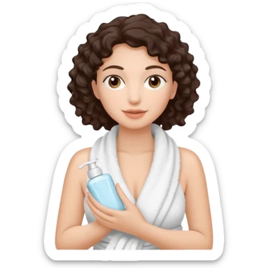 Uma mulher de toalha na cabeça pq ela acabou de sair do banho. Tem pele branca e cabelo marrom escuro.  Ela tá com um hidratante nas mãos,  pq ela vai cuidar da pele sticker