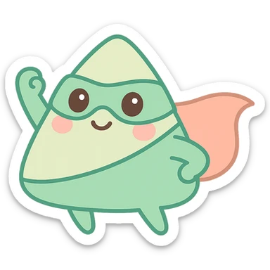 zongzi transformed into a superhero, wearing a cape and mask, cartoon style, humorous and fun for Dragon Boat Festival sticker