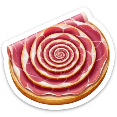 dry-cured ham, one or two thin folded slices, deep pink to red, white fat streaks, silky, translucent, marbled, natural folds or curls, creamy integrated fat, no bread, fruit, plate, or faces, clean 3D, soft shadows, transparent background, emoji scale sticker