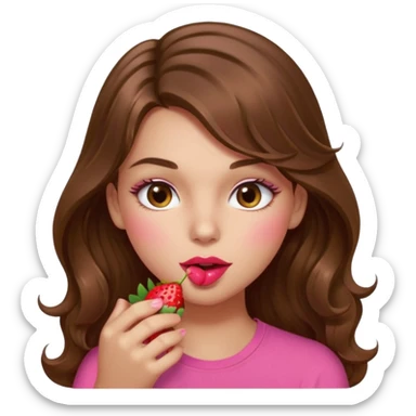 girl with long wavy brown hair, brown eyes, light to medium complexion, in a pink shirt, pink lips, long lashes, sexy , puckering lips kissing, blushing, eating a strawberry sexy sticker