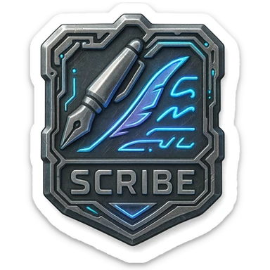 a metal insignia badge for a "scribe", space scifi-futuristic cyberpunk futurepunk sticker