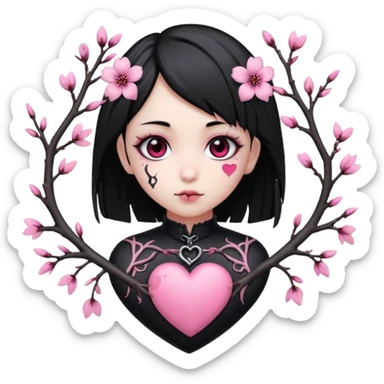 goth sakura heart, heart pierced by sakura branch, black and pink sticker