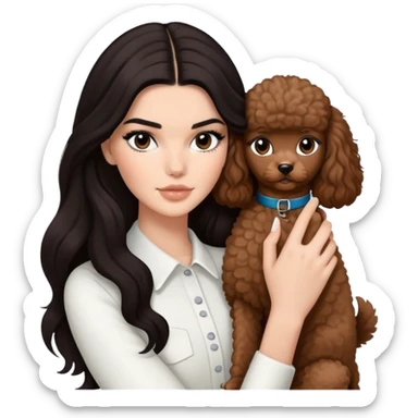 Kendall Jenner with long dark hair, holding a brown poodle and a black and white cat sticker