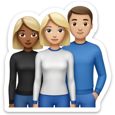 3 Friends standing side by side, charlie's angels style: 1 black woman with a short flat pressed bob, 1 hispanic man with a thin nose and long hair, and 1 white guy with blue eyes and a short brown-blonde haircut sticker
