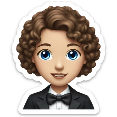 Realistic portrait of a girl with brown curly hair and blue eyes holding up her tuxedo cat  sticker